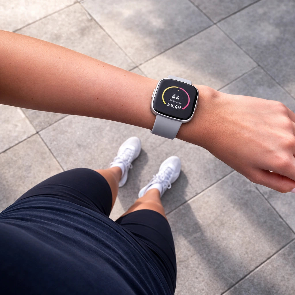 Grey Fitbit Versa 2 strap worn during an outdoor workout on paved ground