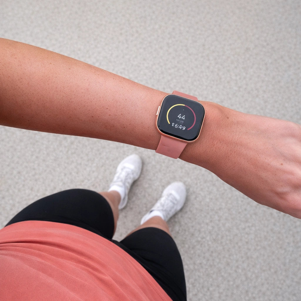 Light pink silicone watch band on Fitbit Versa 2 worn for outdoor exercise