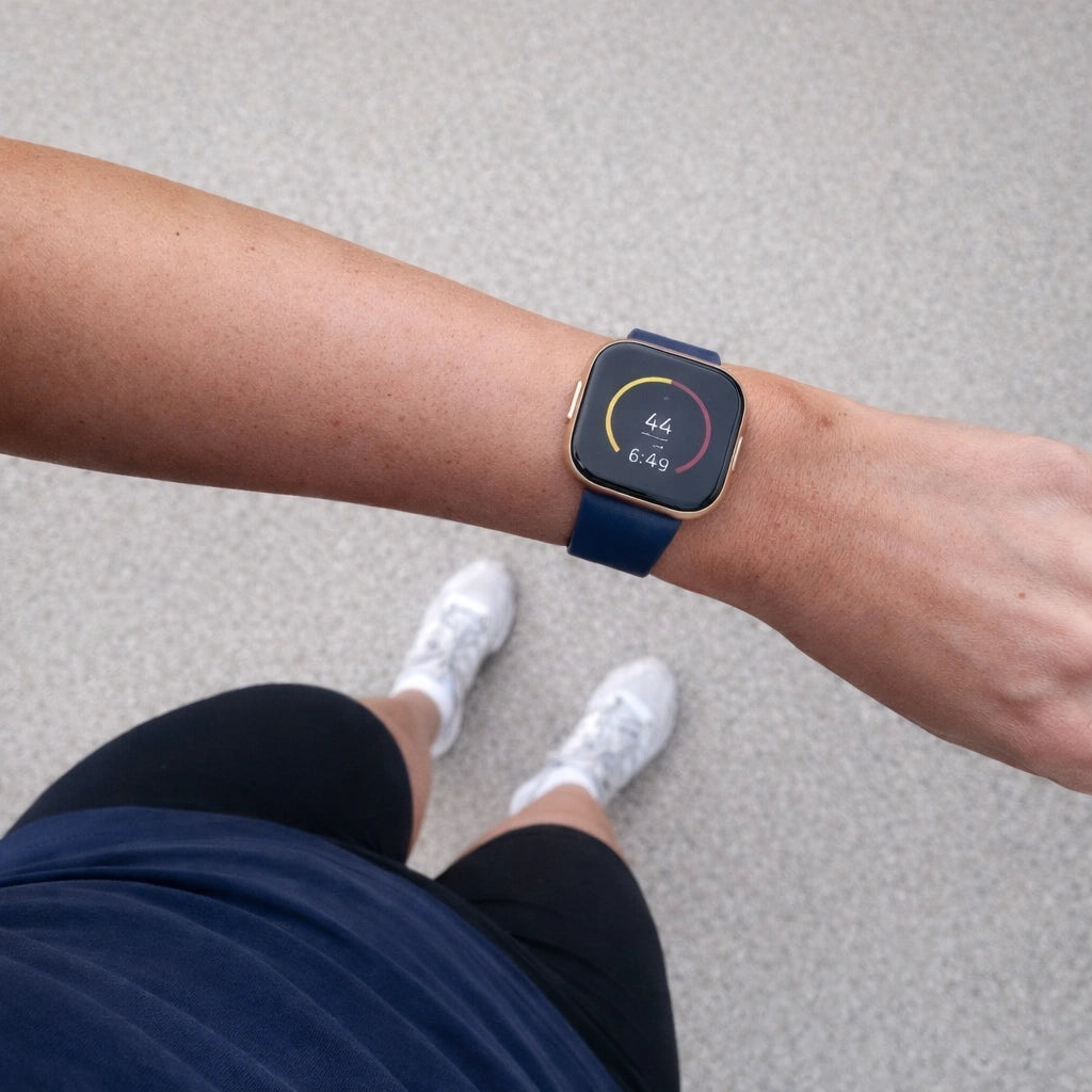 Navy blue Fitbit Versa 2 watch strap worn during outdoor fitness activity