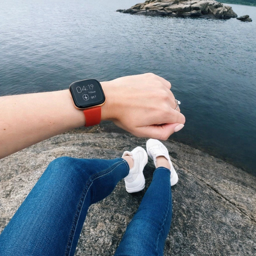 Red silicone strap on Fitbit Versa 2 worn by the water outdoors