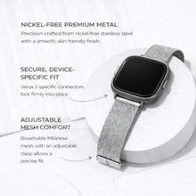 Silver metal Fitbit Versa 2 strap with breathable Milanese mesh and device-specific connectors for a secure fit