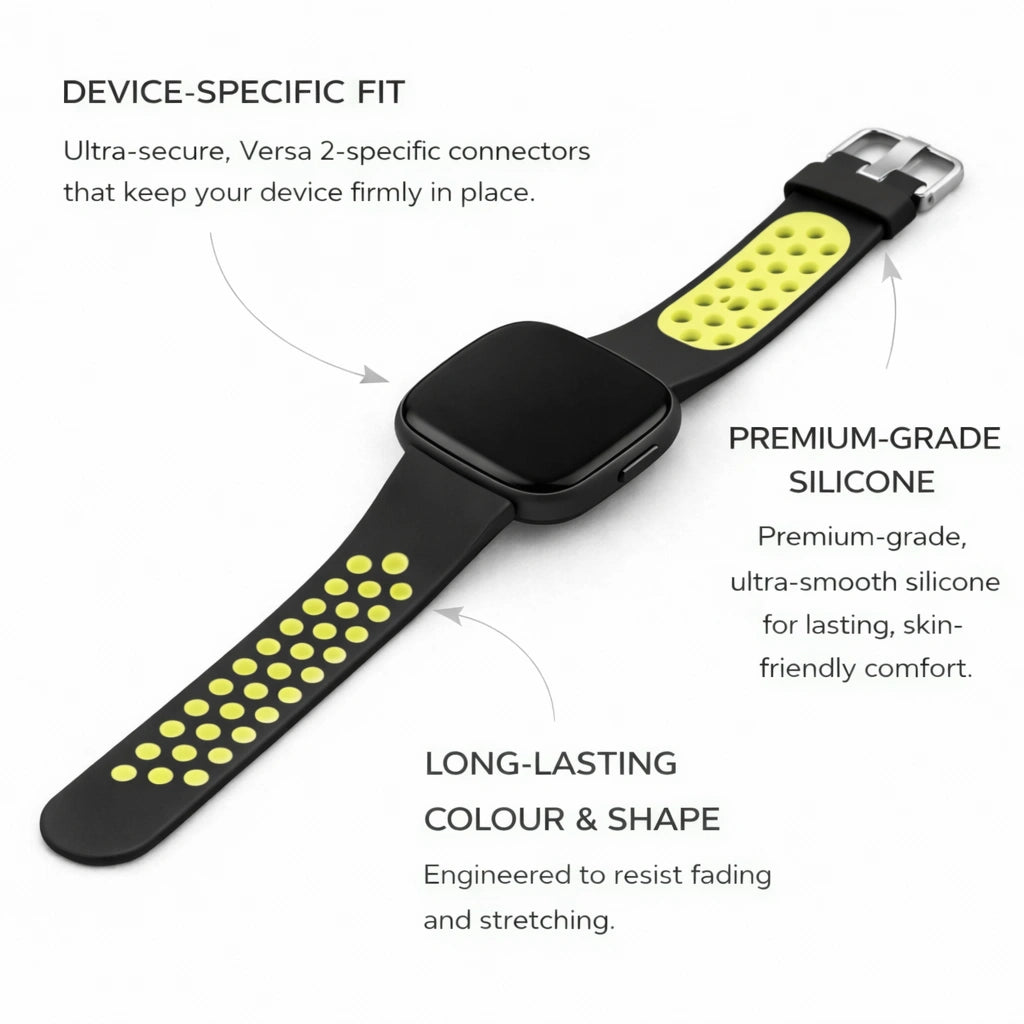 Black and green sports-style silicone strap designed for Fitbit Versa 2 with breathable perforated design