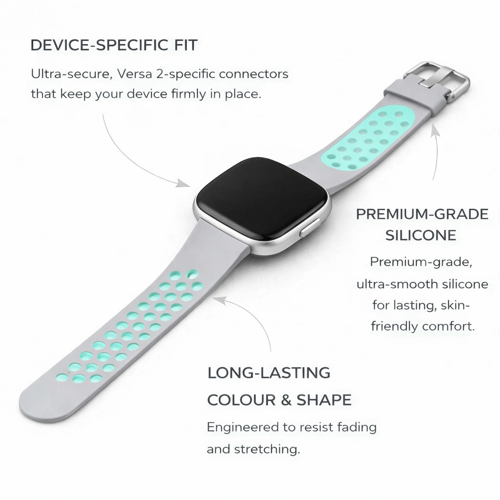Grey and mint sports-style silicone strap designed for Fitbit Versa 2 with breathable perforated sections