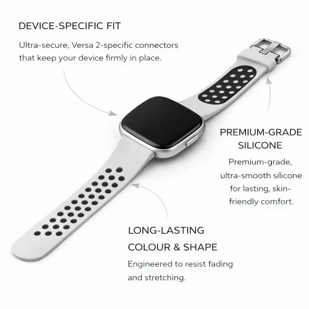 White and black sports-style silicone strap designed for Fitbit Versa 2 with breathable perforated sections