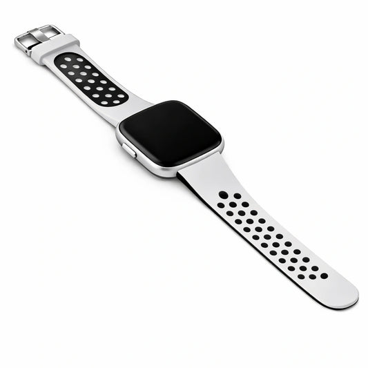 White and black replacement watch strap compatible with Fitbit Versa 2 made from smooth, flexible silicone