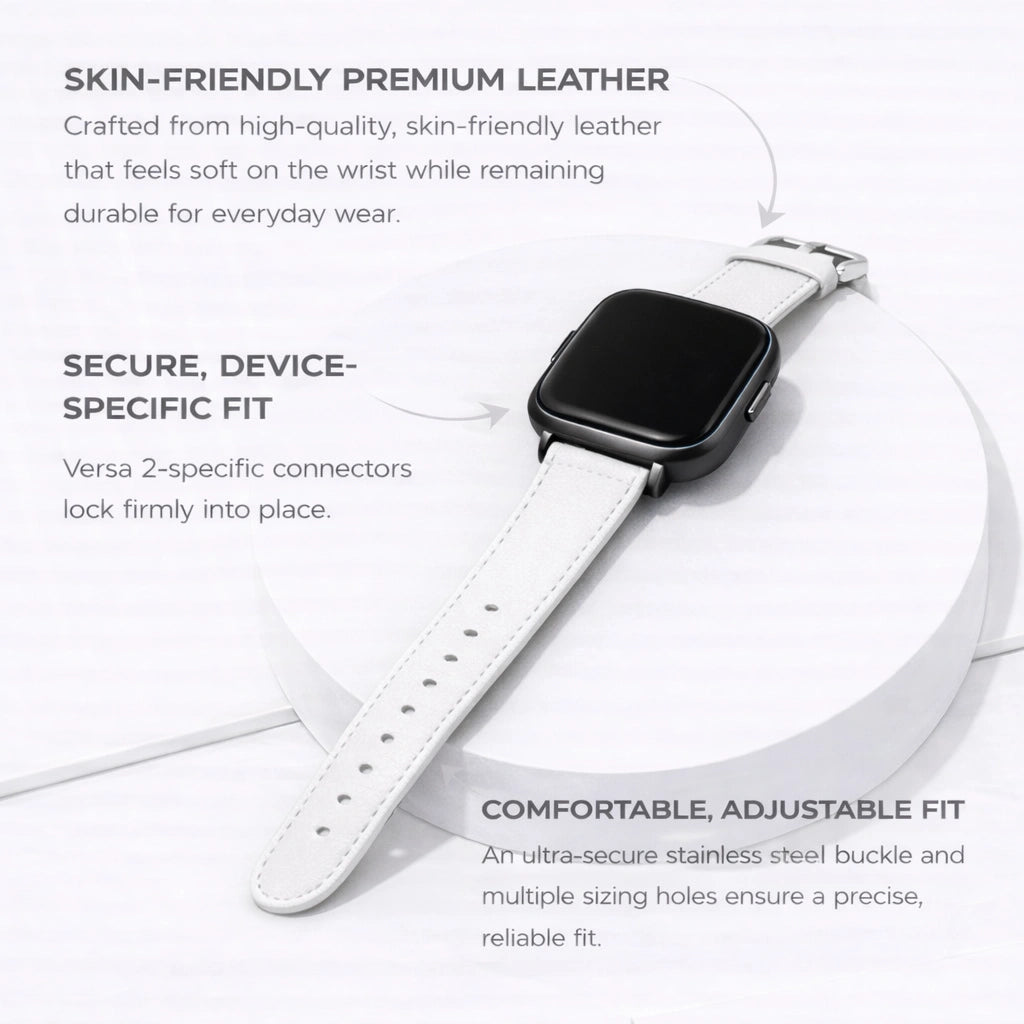 White leather strap for Fitbit Versa 2 showing premium leather material, secure device-specific fit and adjustable buckle.