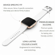 White silicone strap for Fitbit Versa 2 with device-specific fit and smooth, skin-friendly finish
