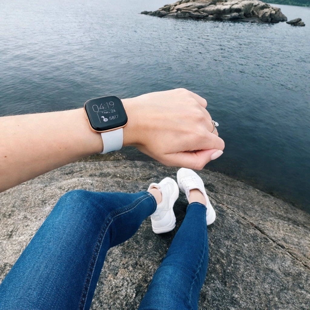 White Fitbit Versa 2 watch strap worn outdoors near the coast