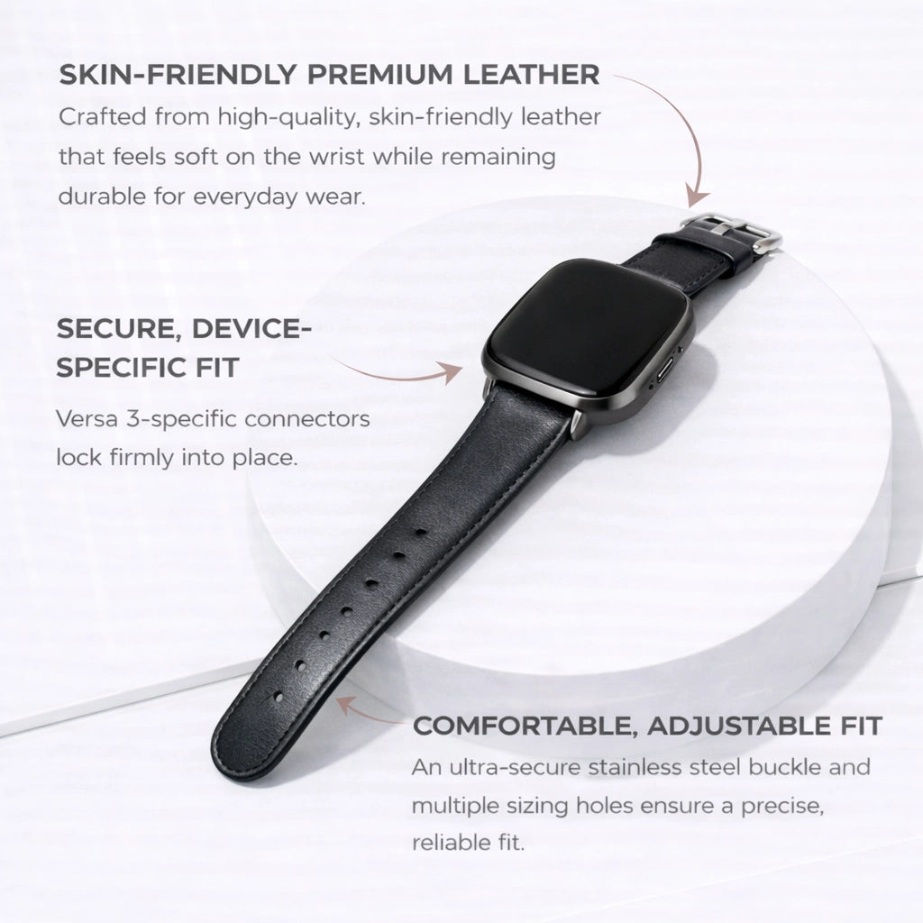 Black Leather Strap for Fitbit Versa 3