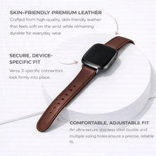 Brown leather band worn on the wrist, designed for a secure and comfortable Fitbit Versa 3 fit