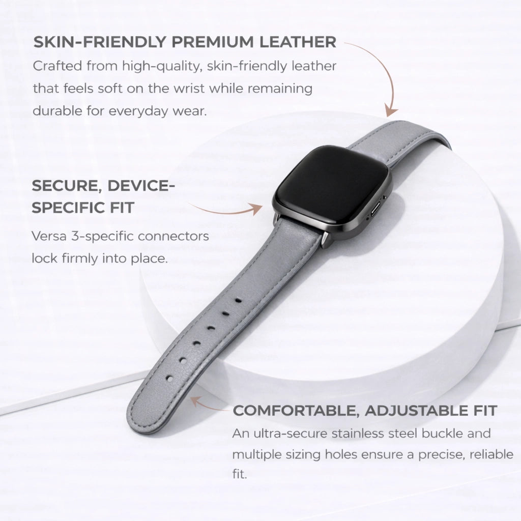 Grey leather strap for Fitbit Versa 3 showing premium skin-friendly material, secure device-specific fit and adjustable buckle