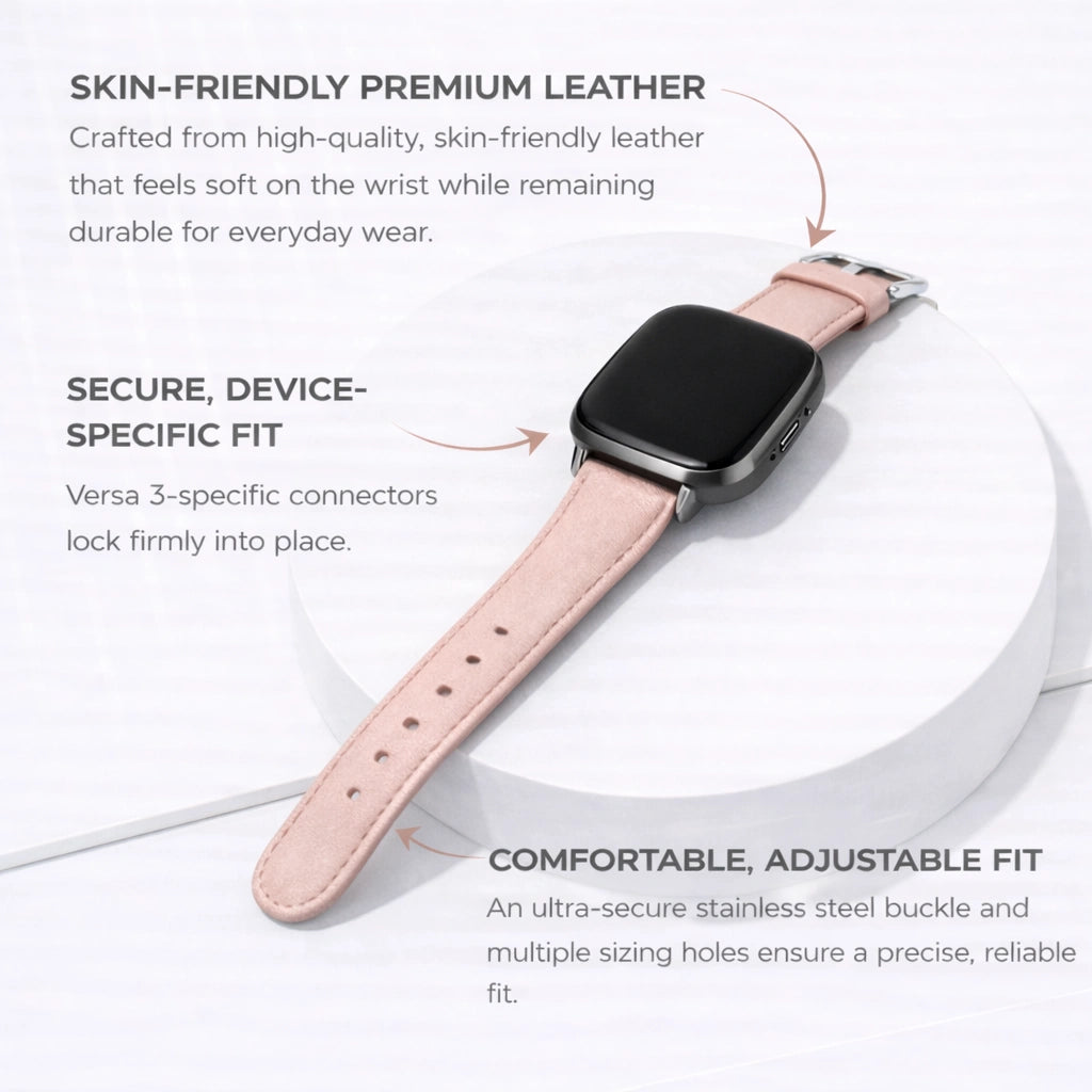 Light pink leather strap for Fitbit Versa 3 showing skin-friendly material and secure device-specific fit.