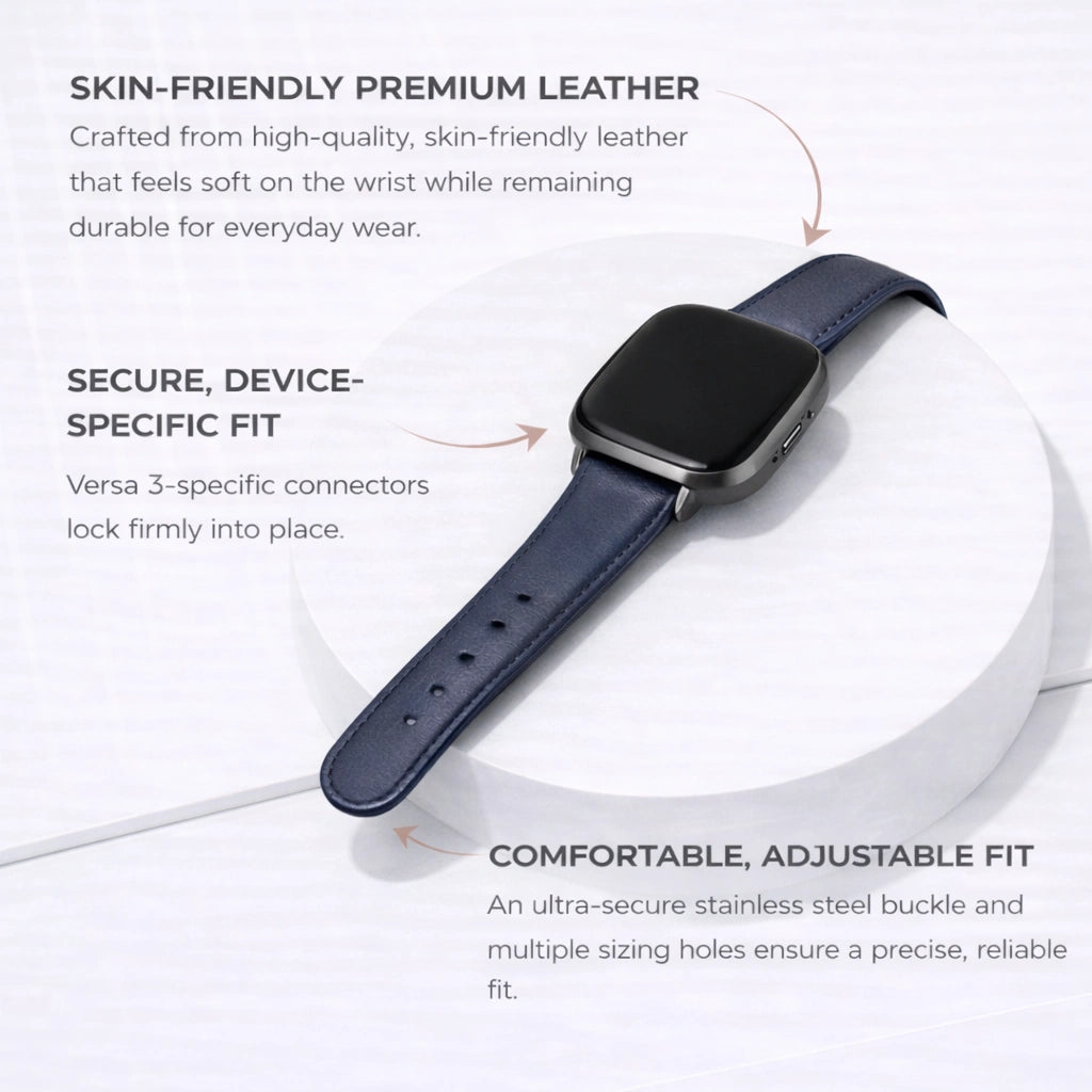 Navy leather watch strap for Fitbit Versa 3 with skin-friendly material, secure device-specific fit and adjustable buckle.