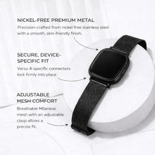 Black Milanese mesh watch strap highlighting product benefits such as breathable metal design and secure Fitbit Versa 4 fit.