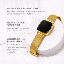 Gold metallic band showing product benefits including adjustable fit and device-specific connectors for Fitbit Versa 4.