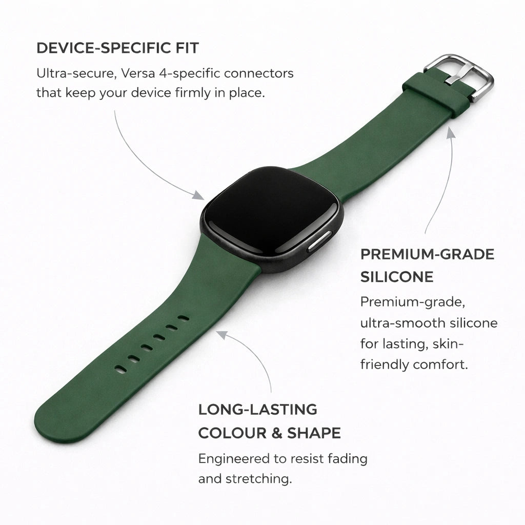 Green silicone watch strap showing product benefits including long-lasting colour and secure Versa 4 fit.