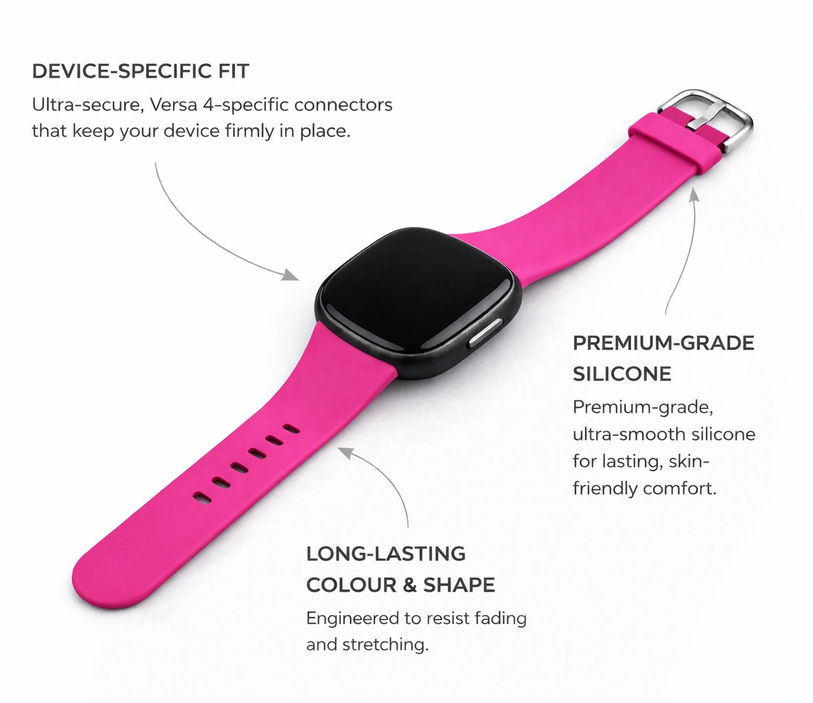 Hot pink silicone band highlighting product benefits such as flexible comfort and durable Fitbit Versa 4 fit.