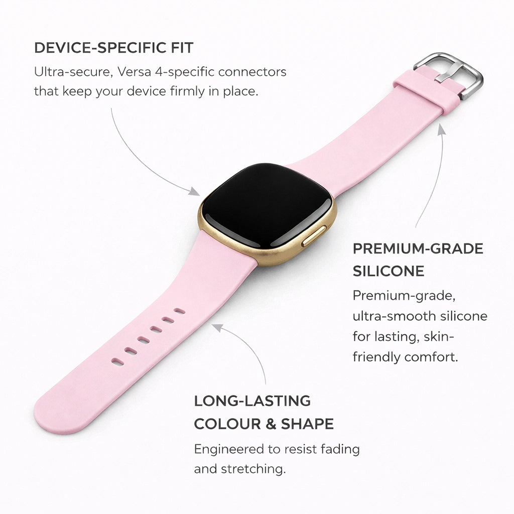 Light pink silicone strap highlighting product benefits such as skin-friendly comfort and secure Fitbit Versa 4 fit.
