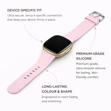 Light pink silicone strap highlighting product benefits such as skin-friendly comfort and secure Fitbit Versa 4 fit.
