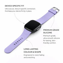 Light purple silicone strap showing product benefits including smooth texture and secure Versa 4 connectors.