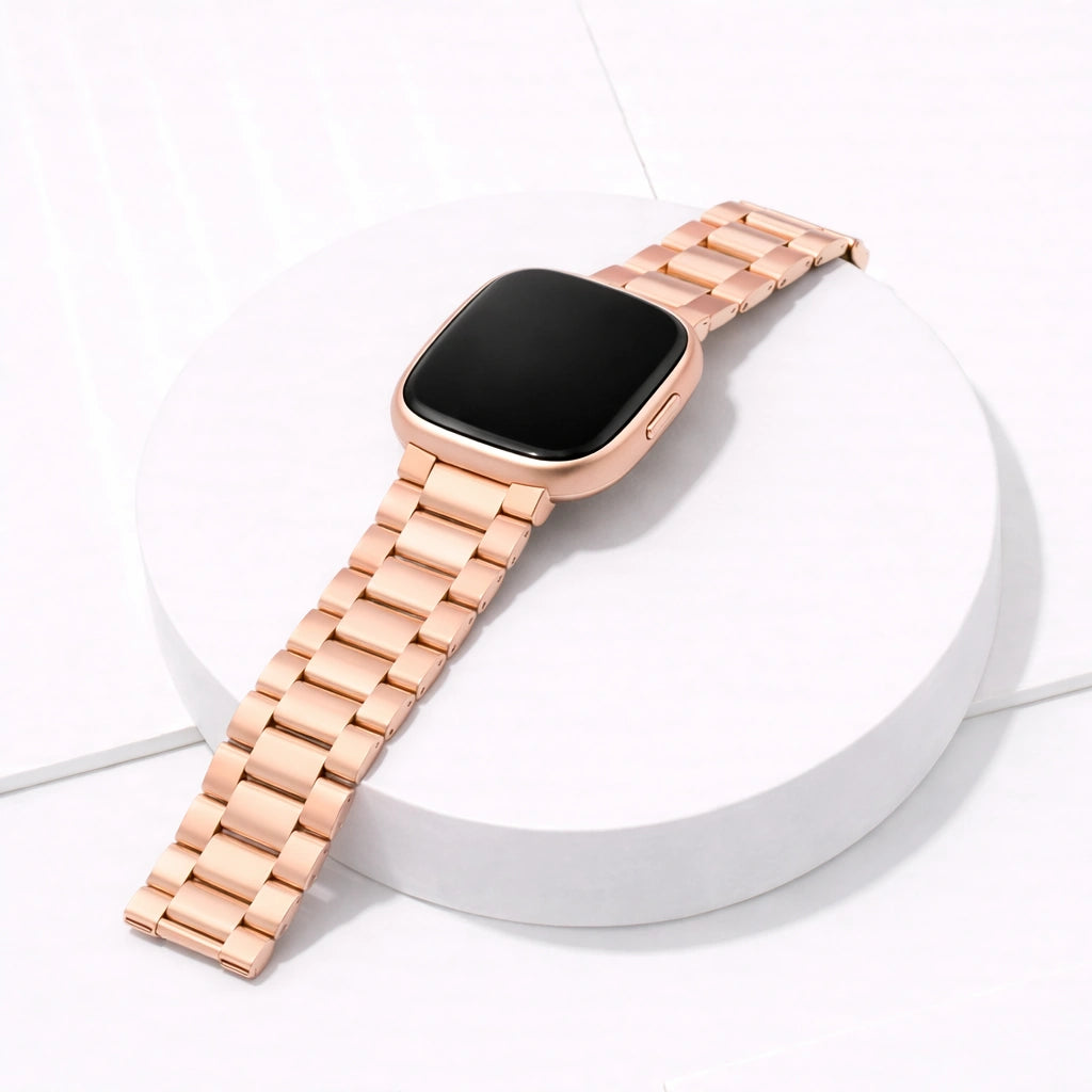 Rose gold stainless steel metal link band for Fitbit Versa 4 shown in a minimal flat lay
