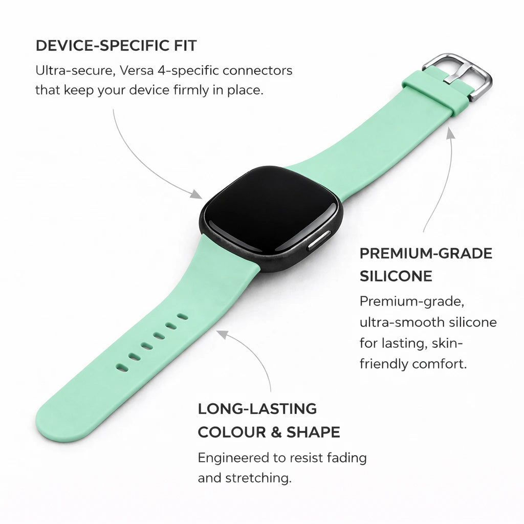 Teal silicone strap presenting product benefits such as lightweight feel and skin-friendly Fitbit Versa 4 wear.