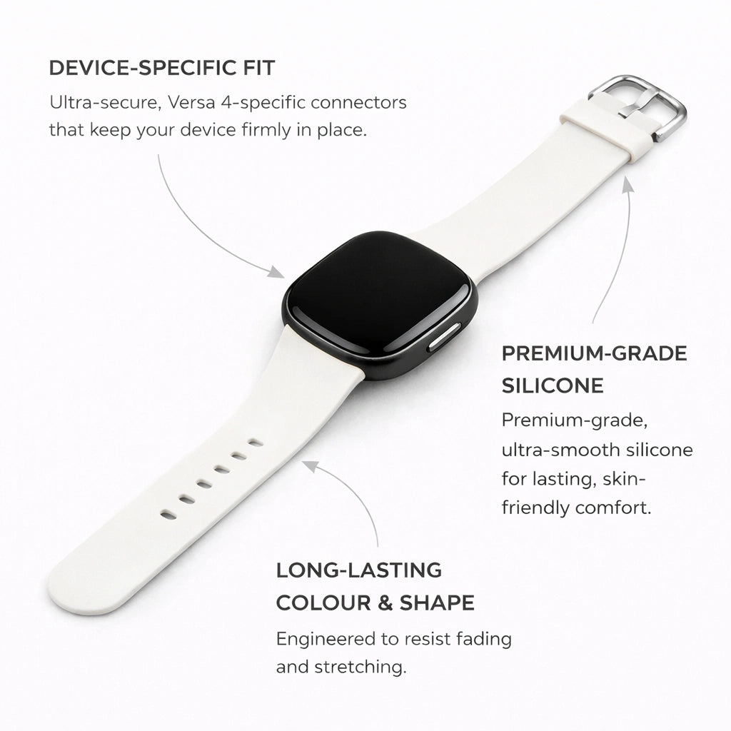 White silicone band presenting product benefits such as smooth finish and comfortable all-day Fitbit Versa 4 wear.