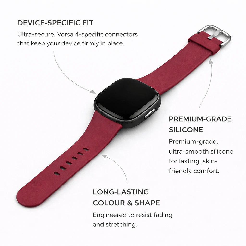 Wine red watch strap highlighting product benefits such as flexible material and reliable Fitbit Versa 4 attachment.