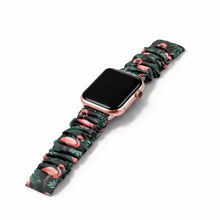 Flamingo pattern scrunchie Apple Watch band with dark tropical background and pink flamingo design