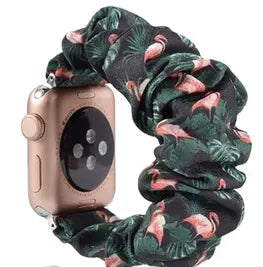 Flamingo print scrunchie Apple Watch strap with tropical palm leaf pattern and elastic fabric