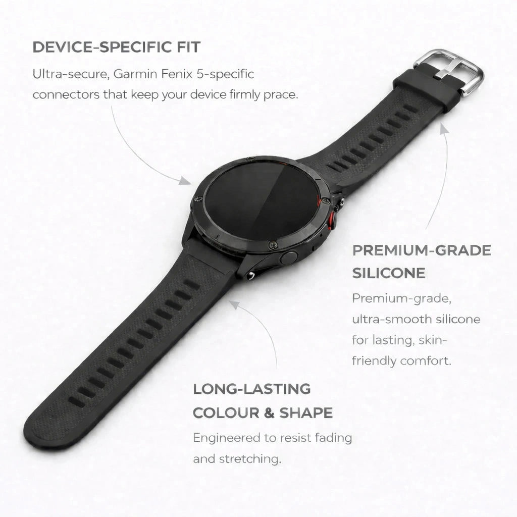 Black Garmin Fenix 5 watch strap with durable silicone design and adjustable buckle