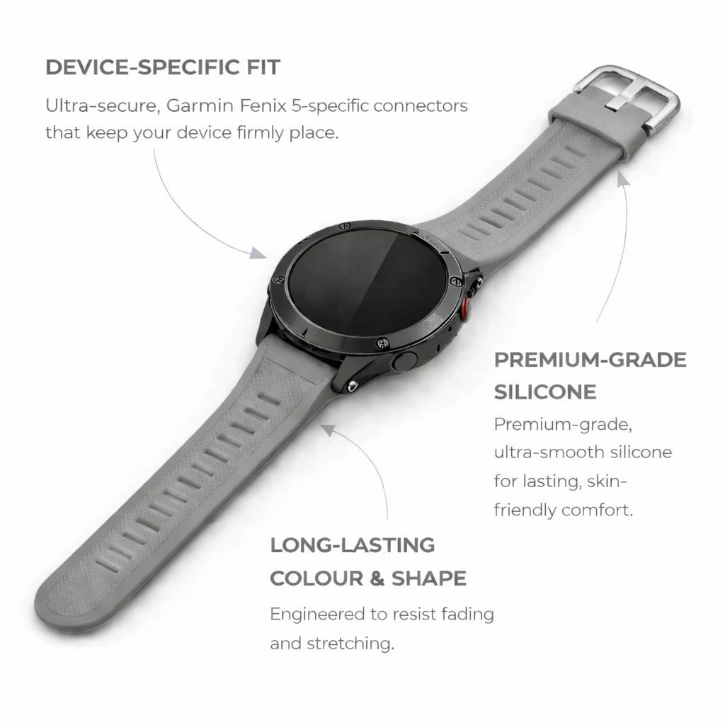 Grey Garmin Fenix 5 strap made from premium silicone with secure device-specific fit and durable design