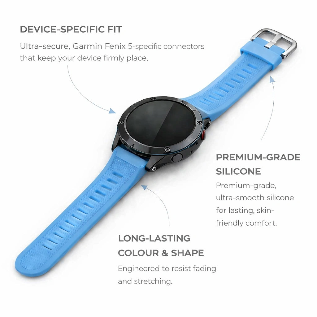 Light blue Garmin Fenix 5 strap made from premium silicone with secure device-specific connectors