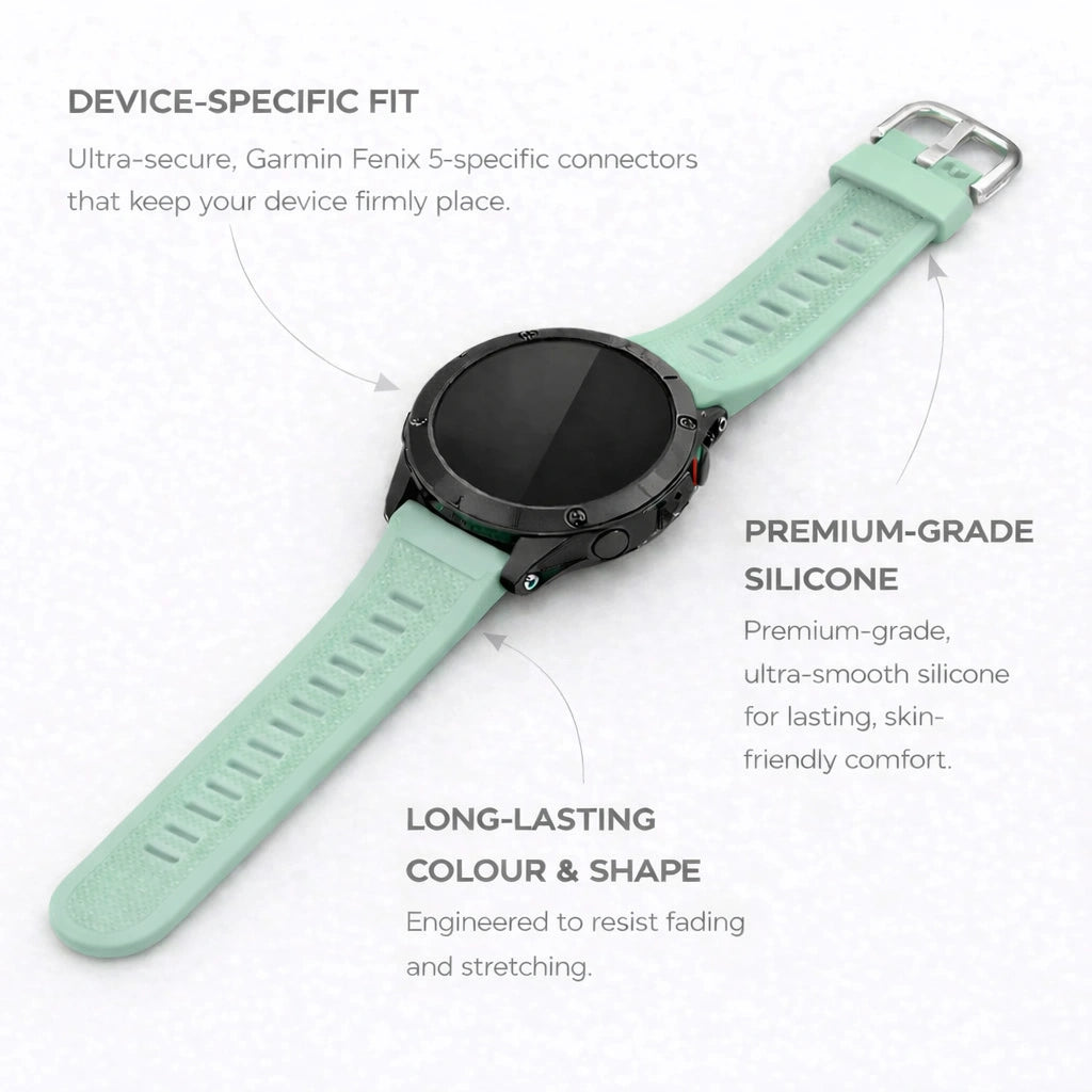 Mint green Garmin Fenix 5 strap made from premium silicone with secure fit and long-lasting durability