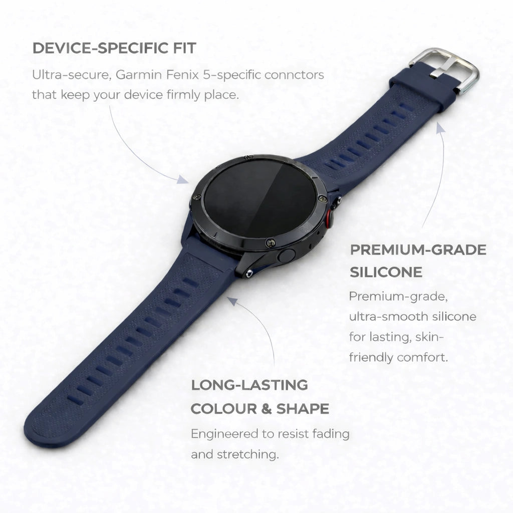 Navy Garmin Fenix 5 strap made from premium silicone with secure device-specific fit and long-lasting design