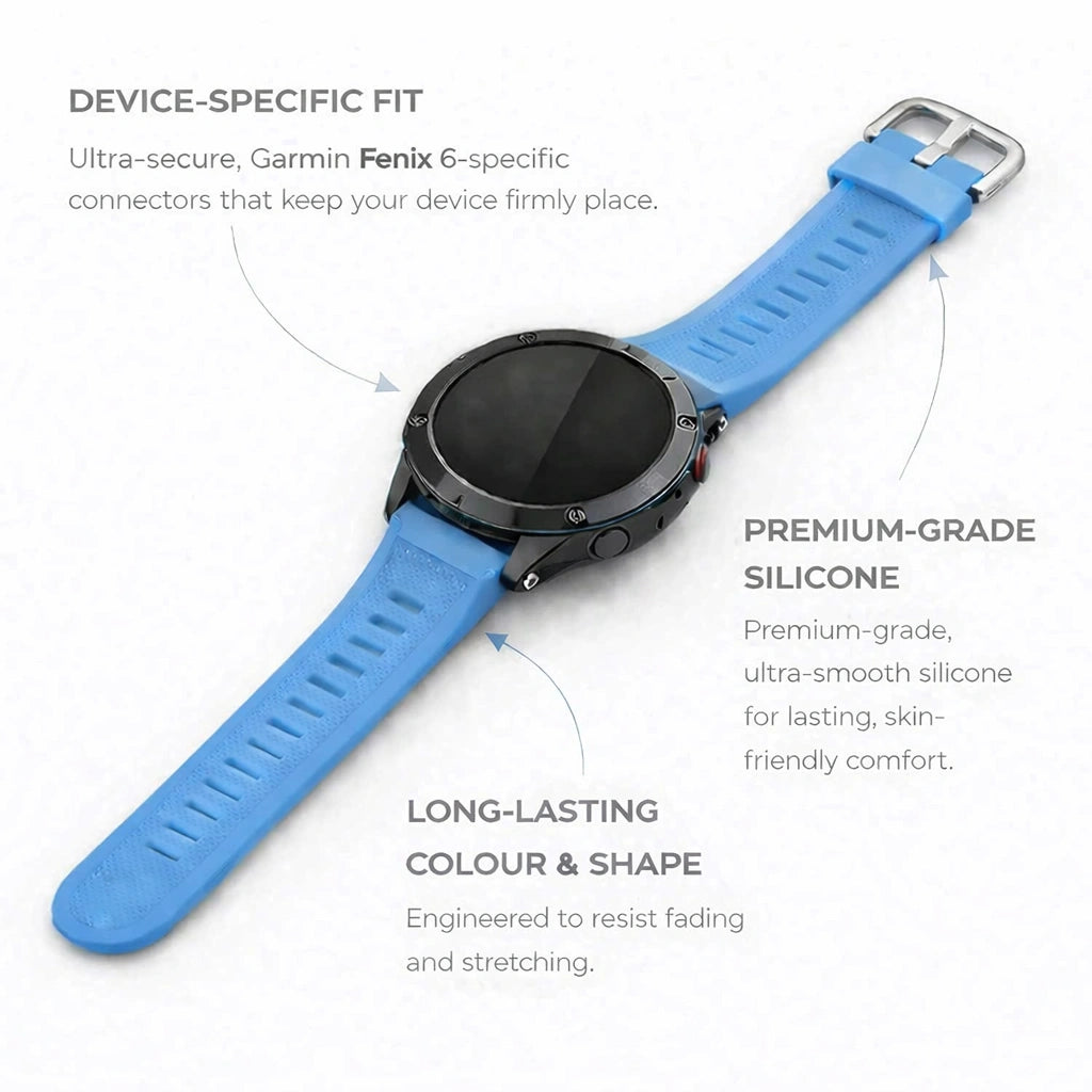 Garmin Fenix 6 strap light blue silicone with secure device-specific fit