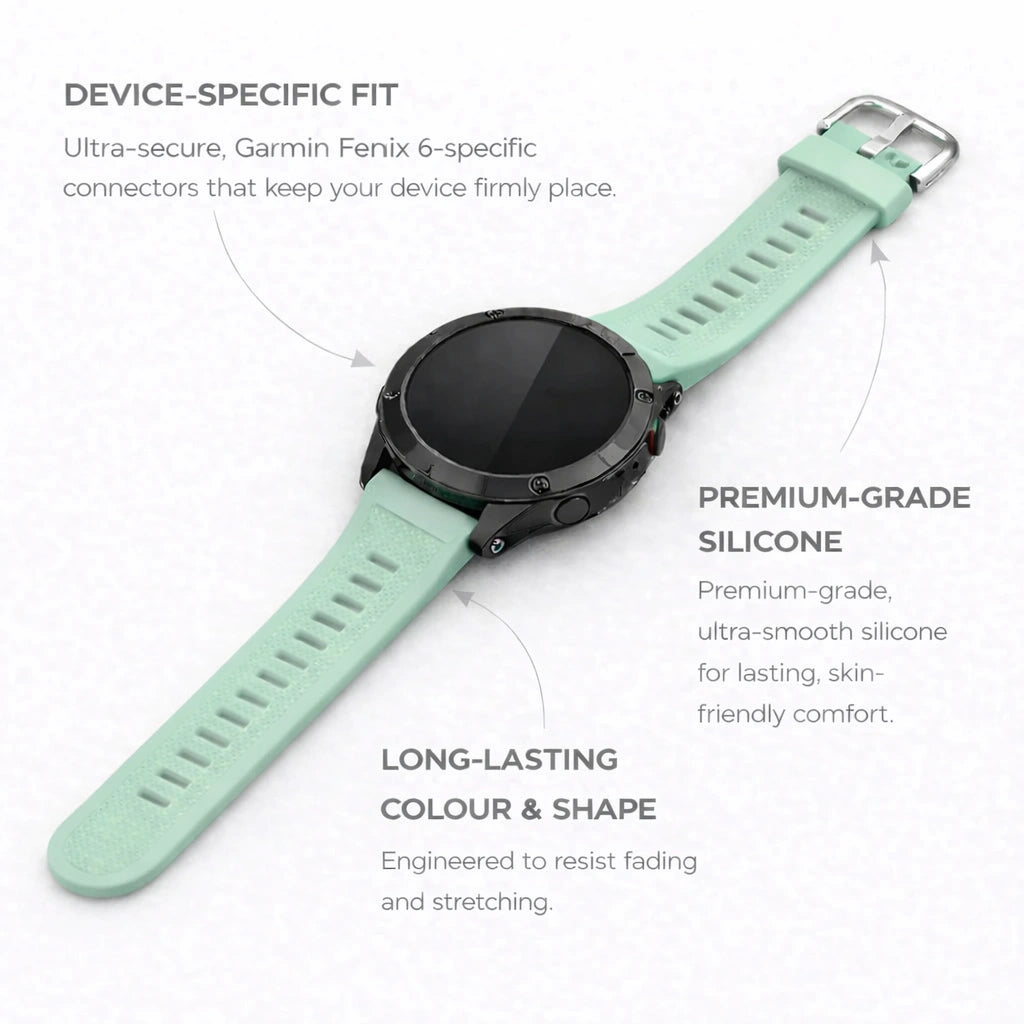 Garmin Fenix 6 strap mint green silicone with secure device-specific fit