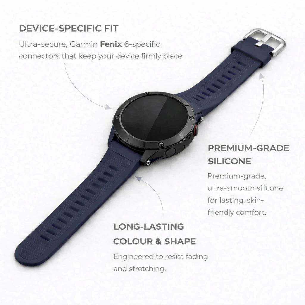 Garmin Fenix 6 strap navy blue silicone with secure device-specific fit