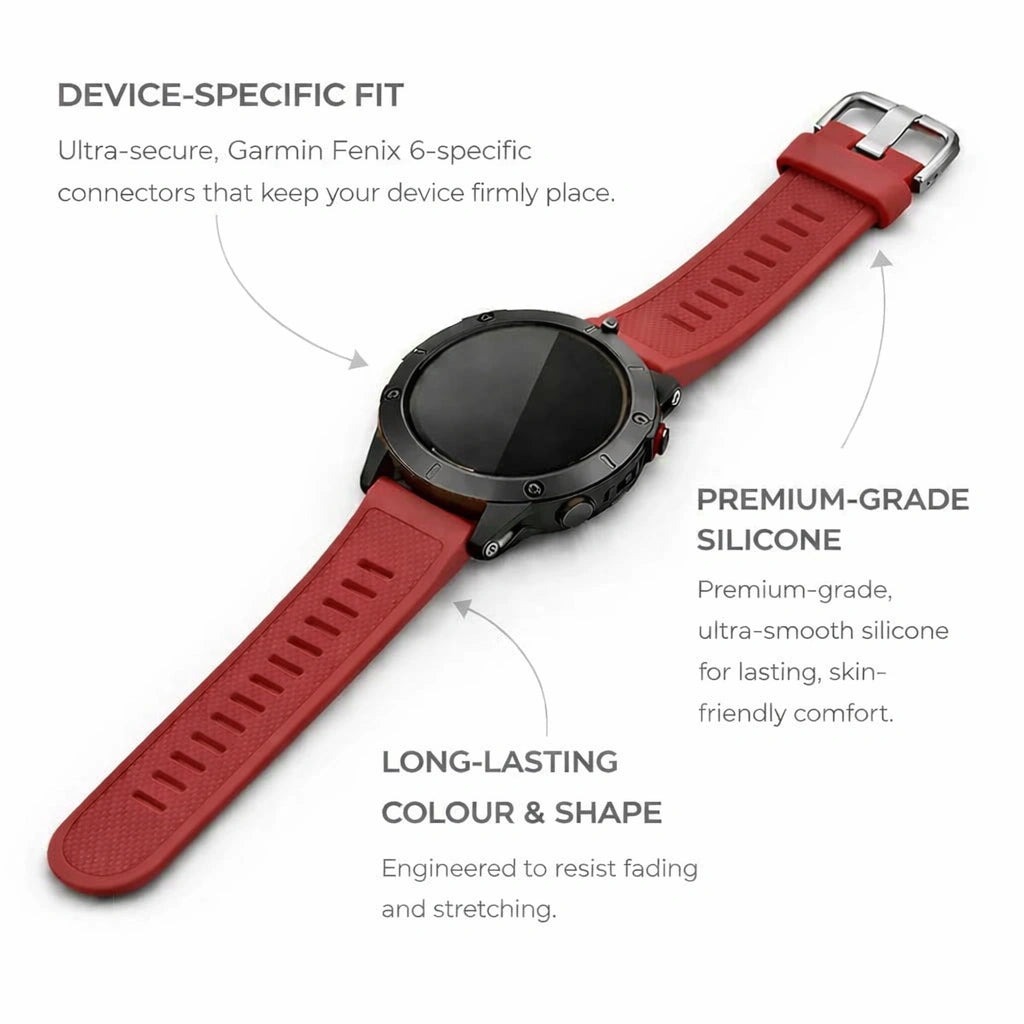 Garmin Fenix 6 strap red silicone with secure device-specific fit