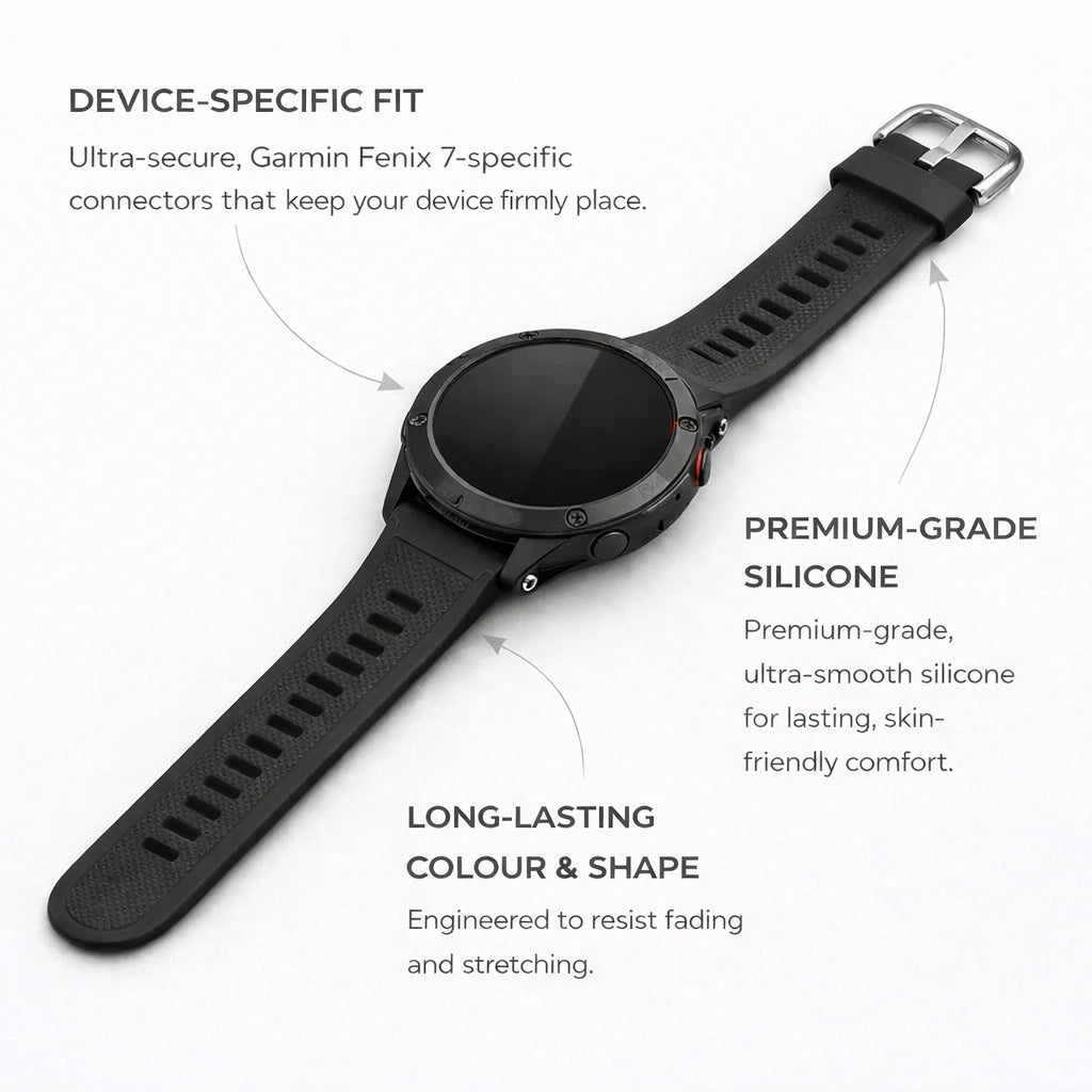 Black Garmin Fenix 7 band made from durable silicone with textured finish and adjustable buckle