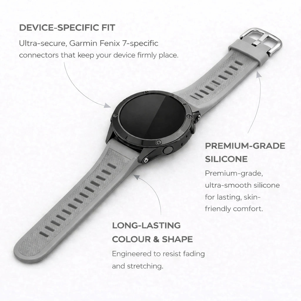 Grey Garmin Fenix 7 strap with premium silicone material and secure device-specific fit