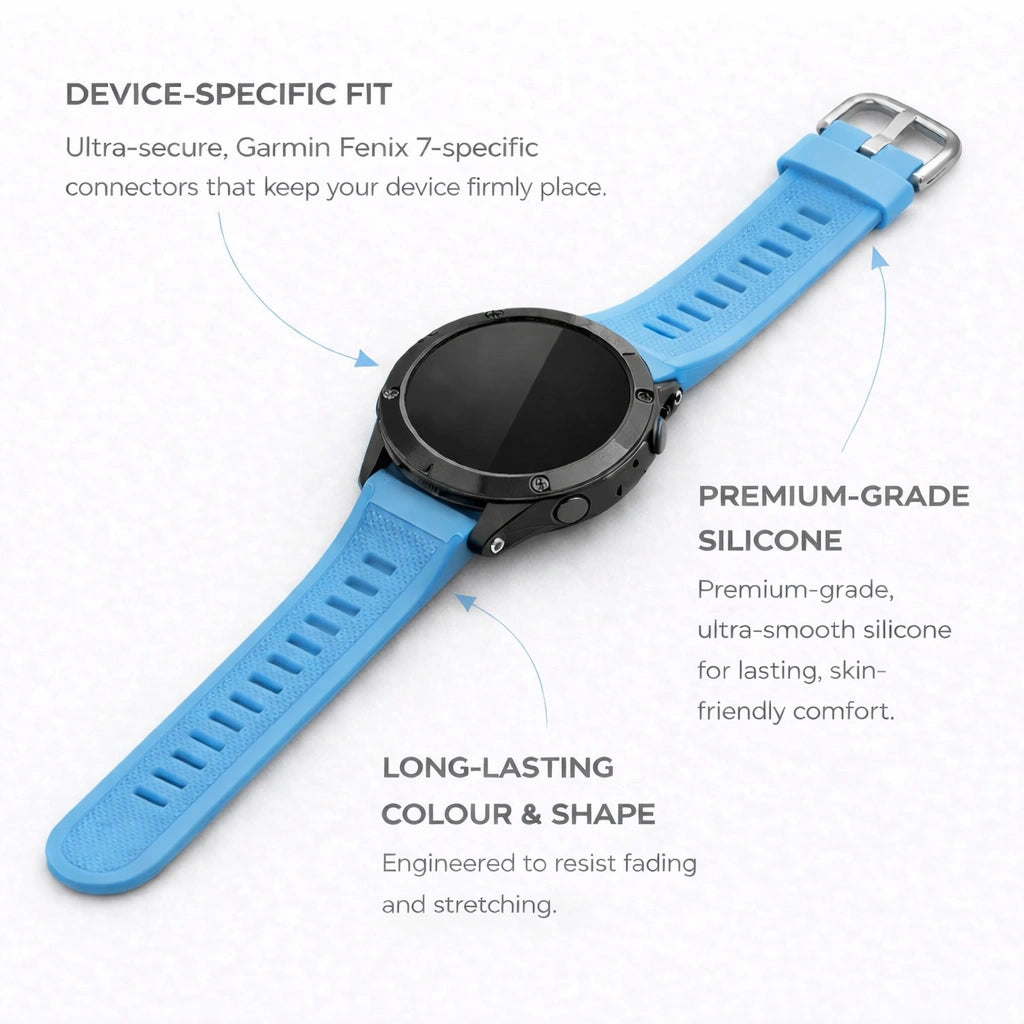 Light blue Garmin Fenix 7 strap with premium silicone build and secure device-specific fit