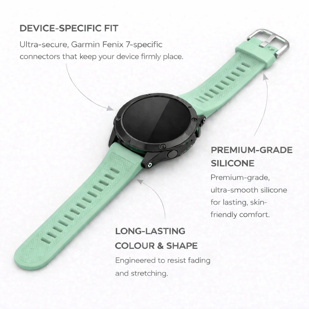Mint green Garmin Fenix 7 strap with premium silicone and secure device-specific connectors