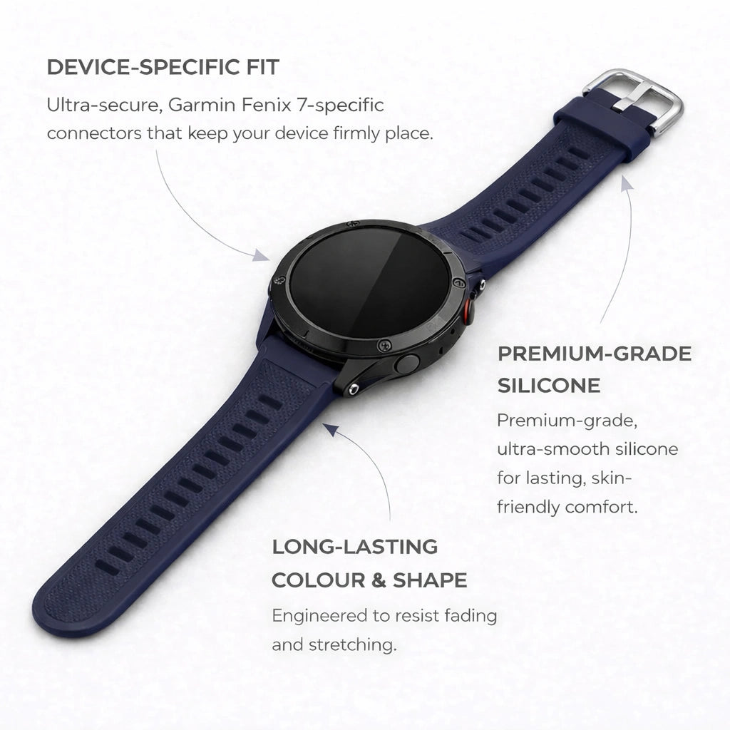 Navy blue Garmin Fenix 7 strap with premium silicone and secure device-specific connectors