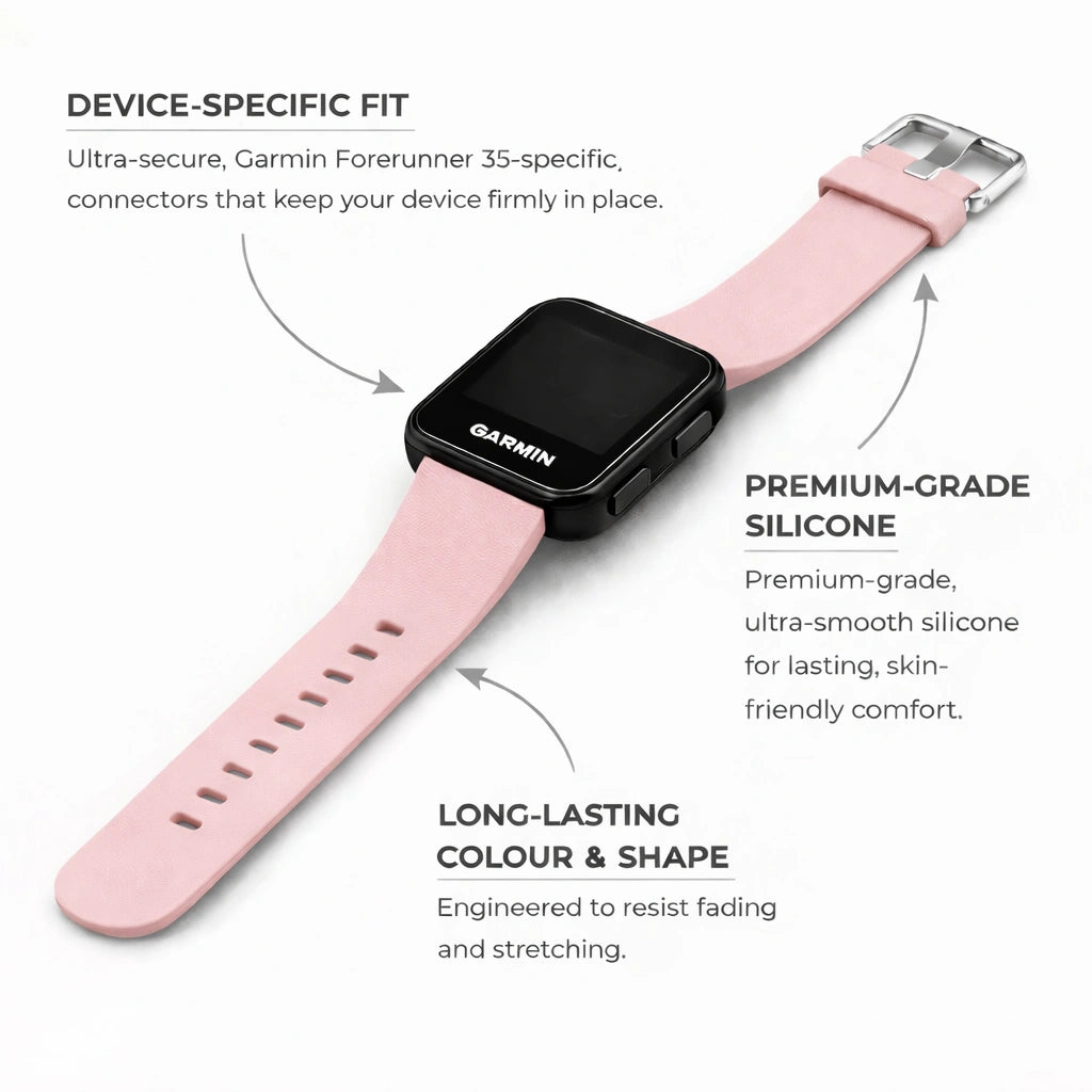 Garmin Forerunner 35 watch strap in light pink silicone with secure connectors