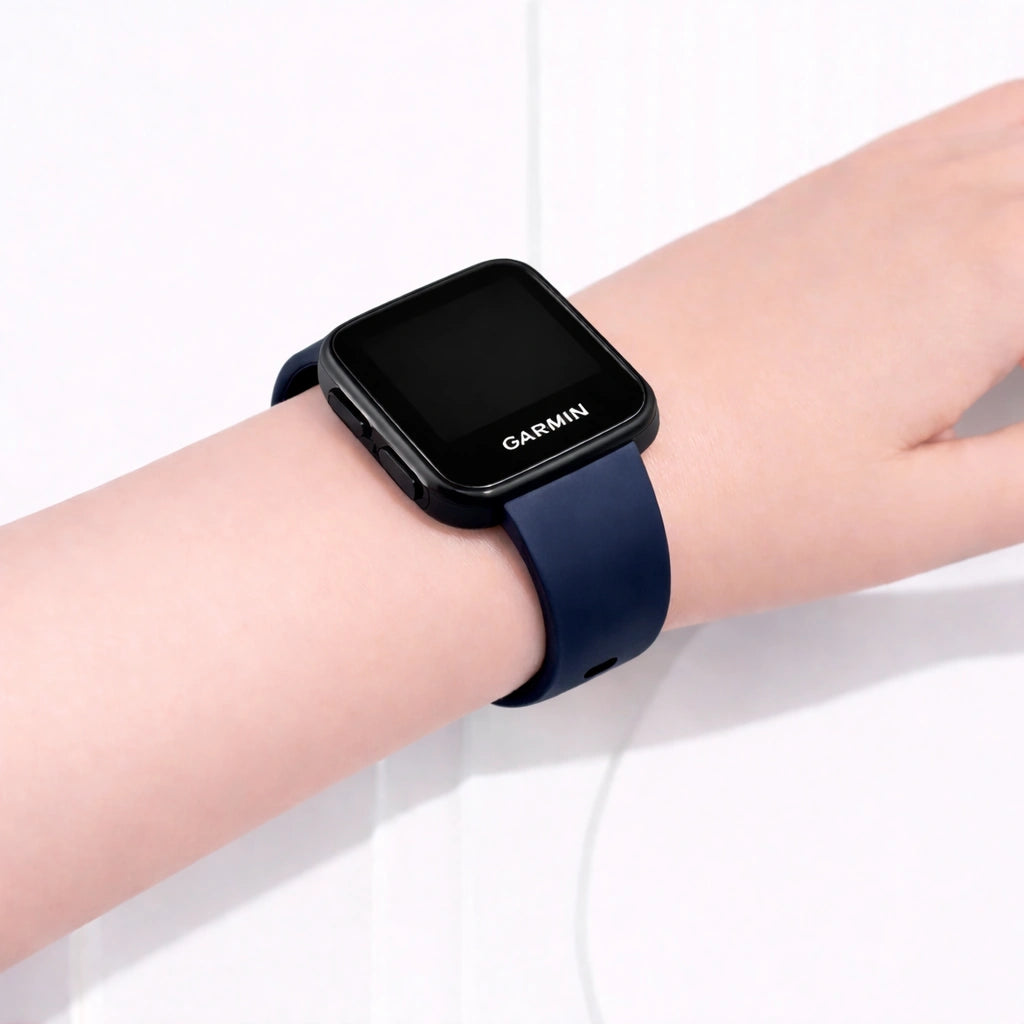 Navy blue Garmin Forerunner 35 band worn on the wrist for everyday comfort
