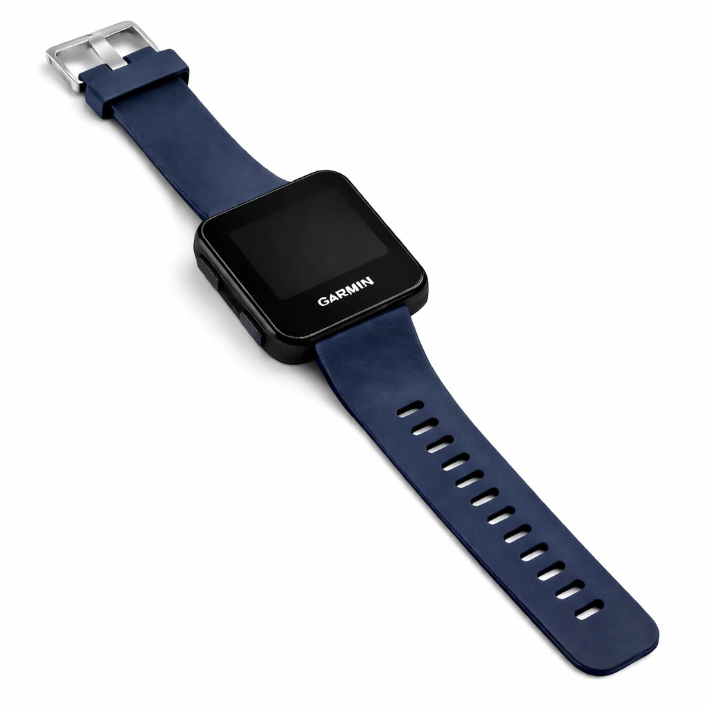 Navy blue silicone strap for Garmin Forerunner 35 shown in a flat lay view