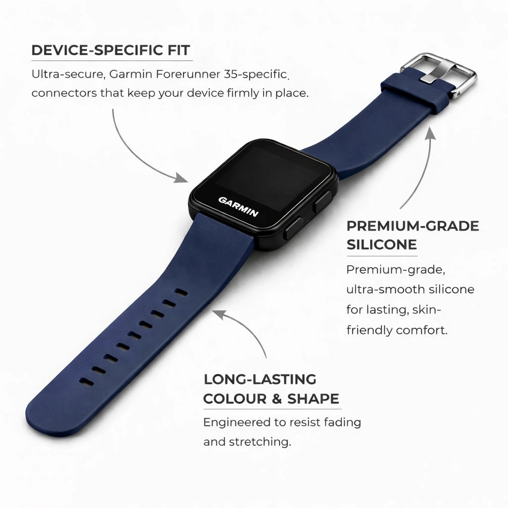 Garmin Forerunner 35 watch strap in navy blue showing device-specific fit and premium silicone