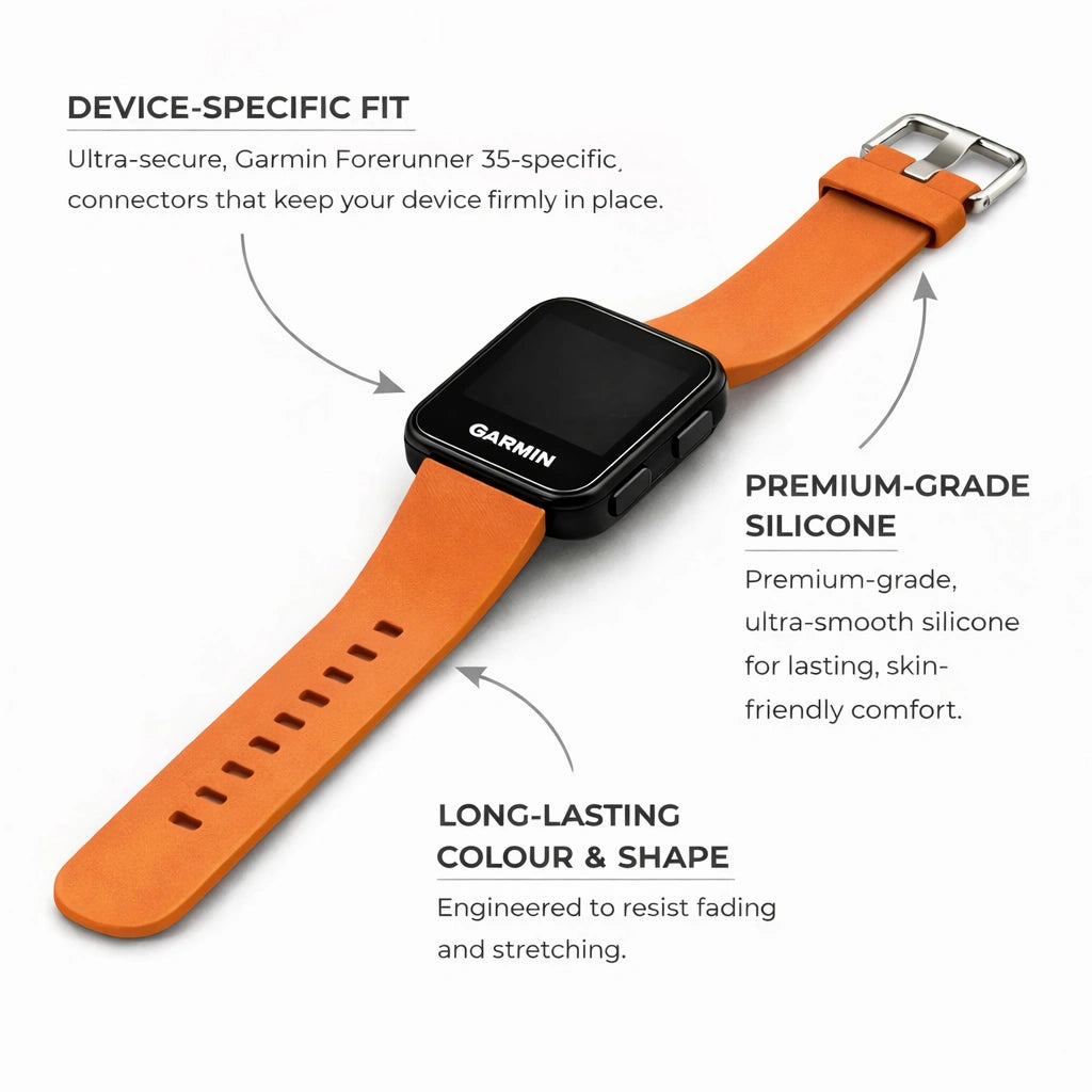 Orange silicone strap for Garmin Forerunner 35 showing device-specific connectors and premium-grade material