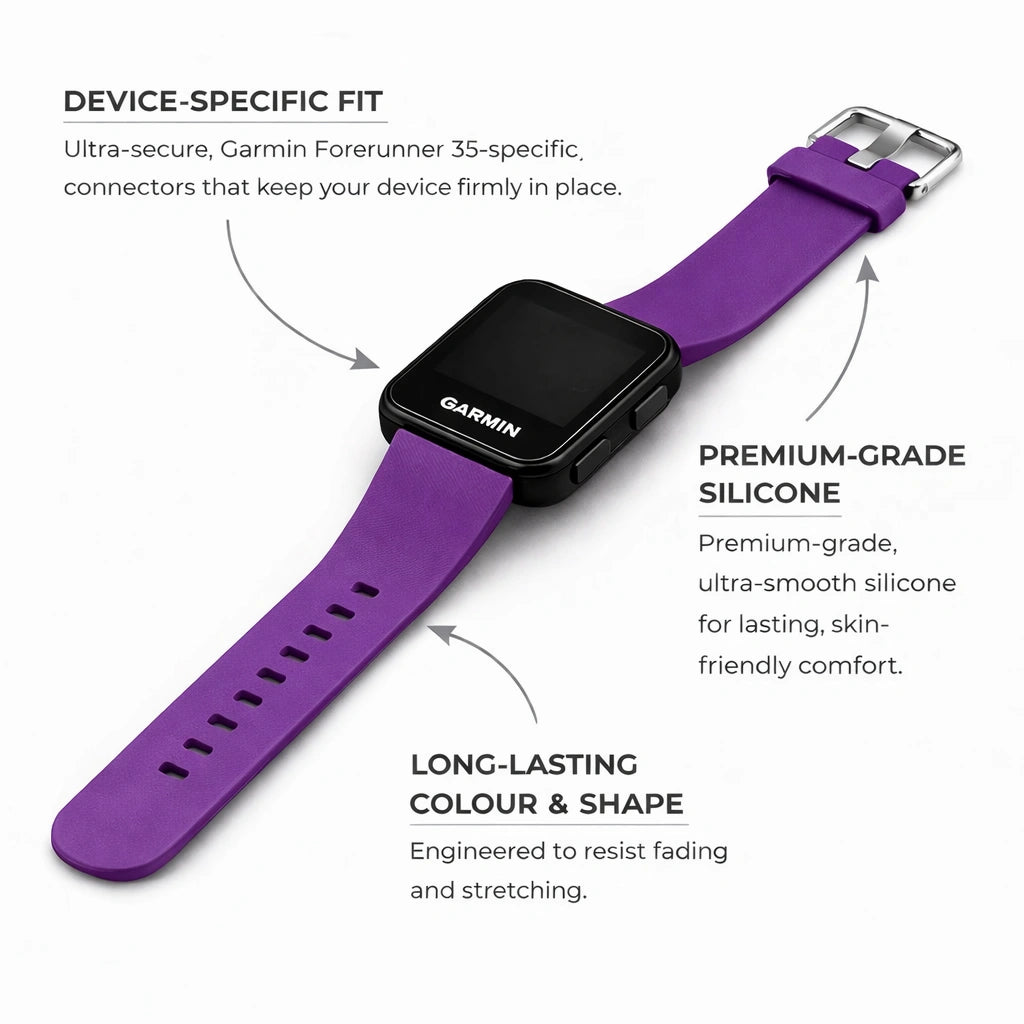 Purple silicone strap for Garmin Forerunner 35 showing device-specific fit and premium-grade material